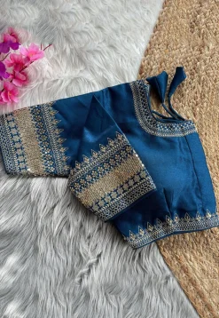 Embroidered Art Silk Blouse in Teal Blue