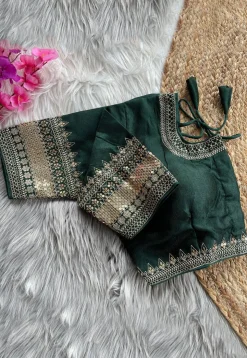 Embroidered Art Silk Blouse in Dark Green