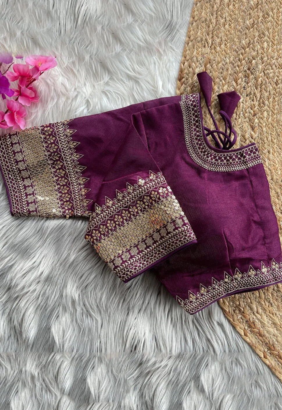Embroidered Art Silk Blouse in Purple
