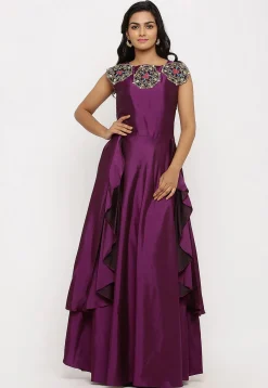 Embroidered Art Silk Cascade Pleated Gown in Purple