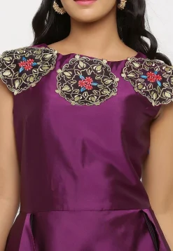Embroidered Art Silk Cascade Pleated Gown in Purple