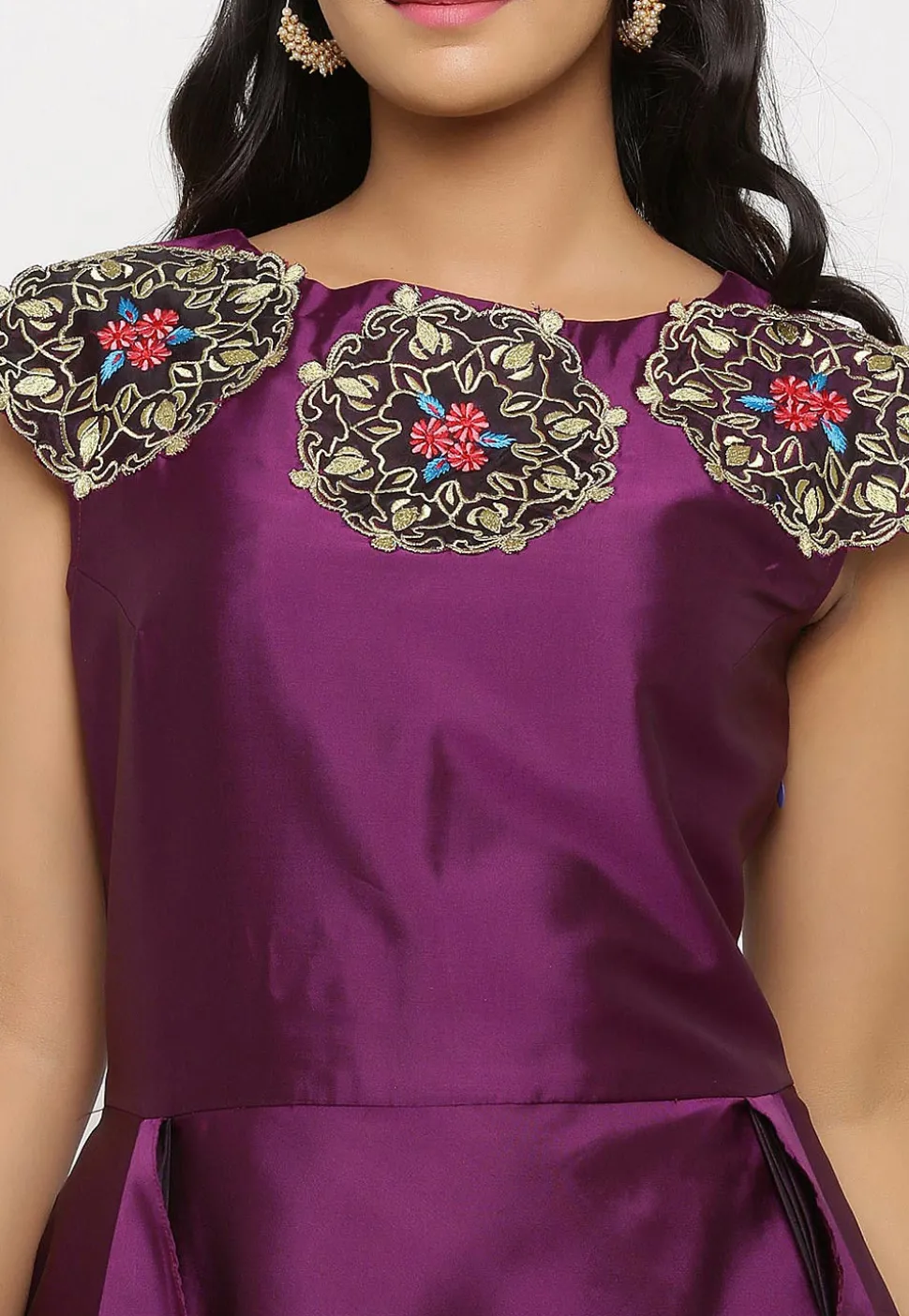 Embroidered Art Silk Cascade Pleated Gown in Purple