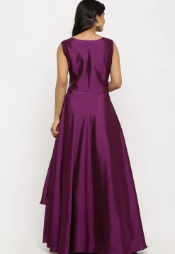 Embroidered Art Silk Cascade Pleated Gown in Purple