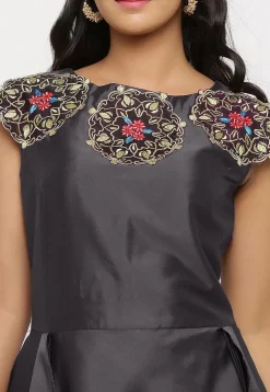 Embroidered Art Silk Cascade Pleated Gown in Grey