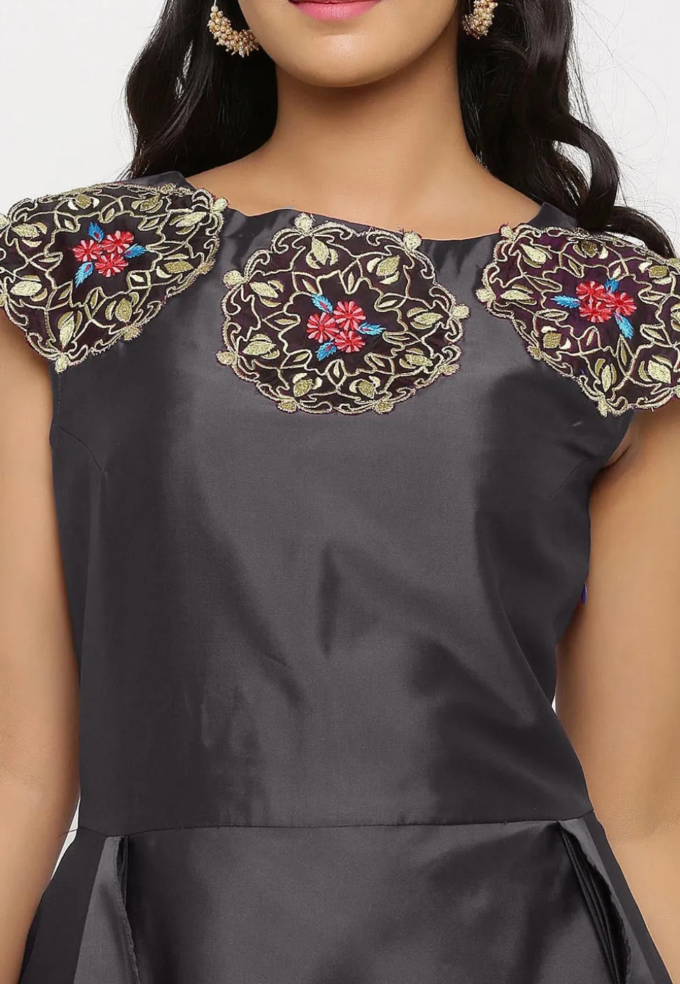 Embroidered Art Silk Cascade Pleated Gown in Grey