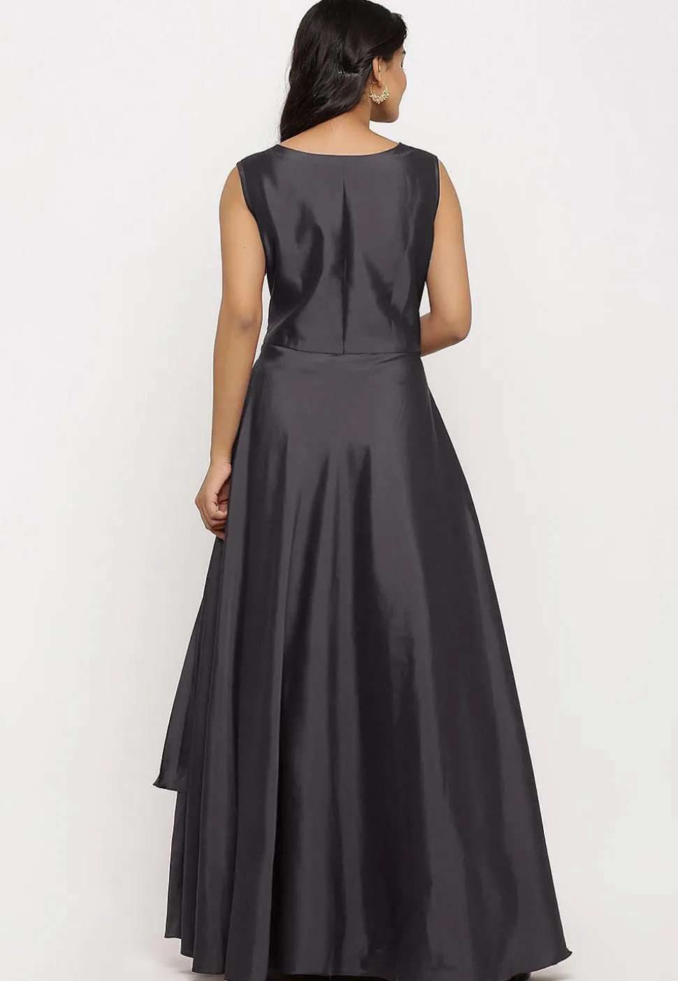 Embroidered Art Silk Cascade Pleated Gown in Grey