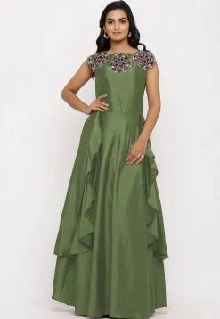 Embroidered Art Silk Cascade Pleated Gown in Dusty Green