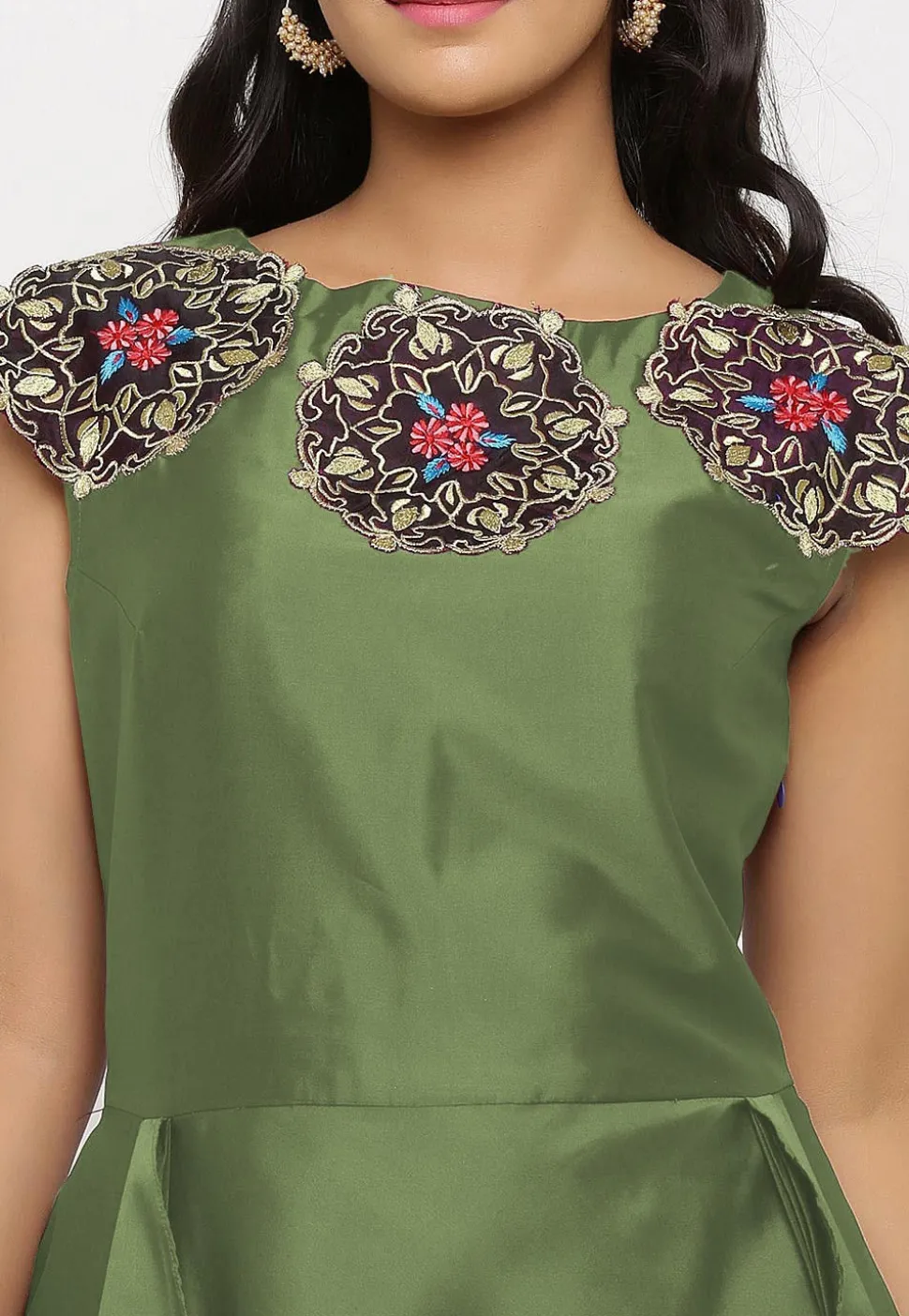 Embroidered Art Silk Cascade Pleated Gown in Dusty Green