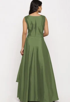 Embroidered Art Silk Cascade Pleated Gown in Dusty Green