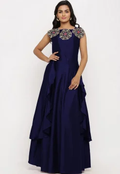 Embroidered Art Silk Cascade Pleated Gown in Navy Blue