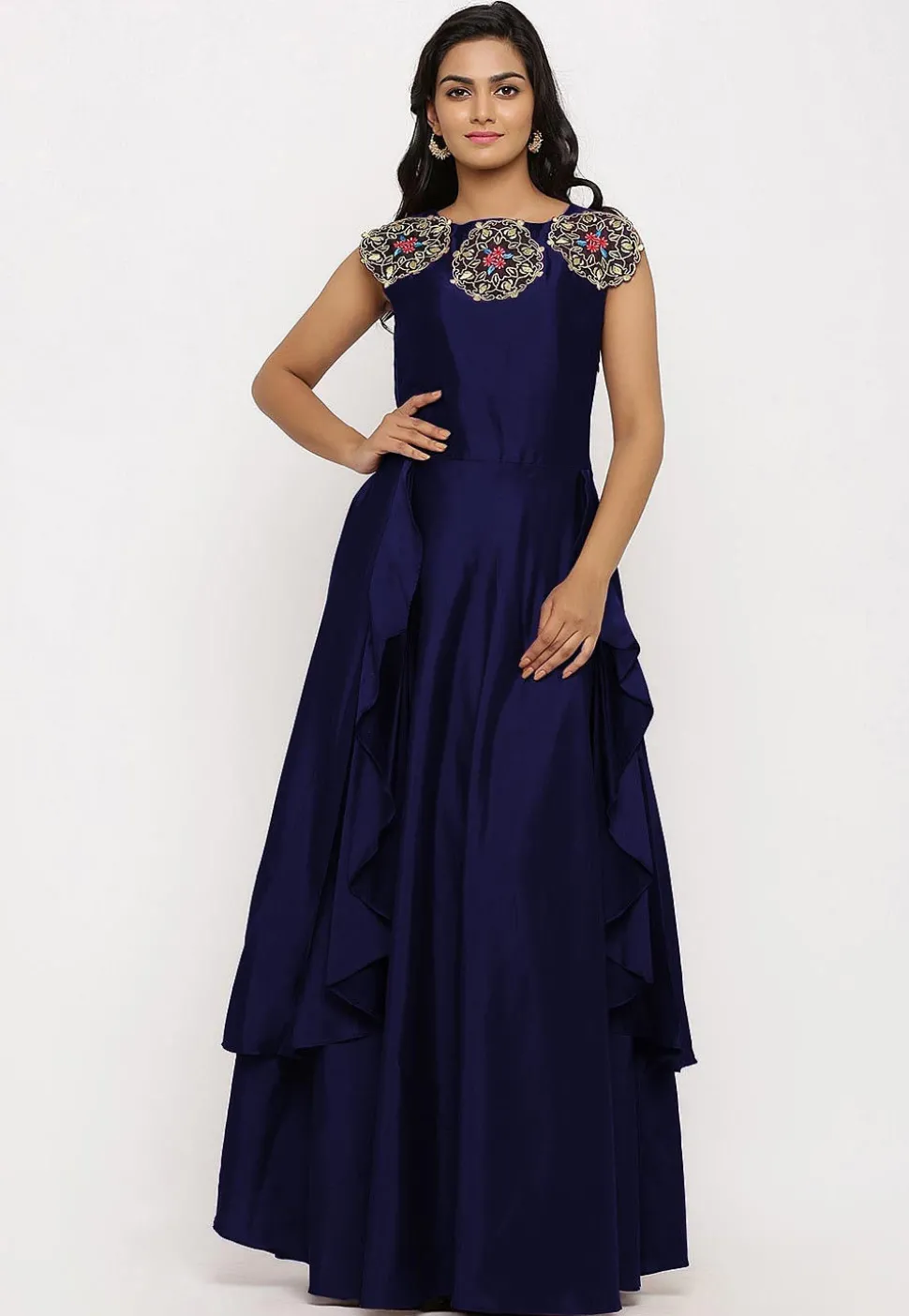 Embroidered Art Silk Cascade Pleated Gown in Navy Blue