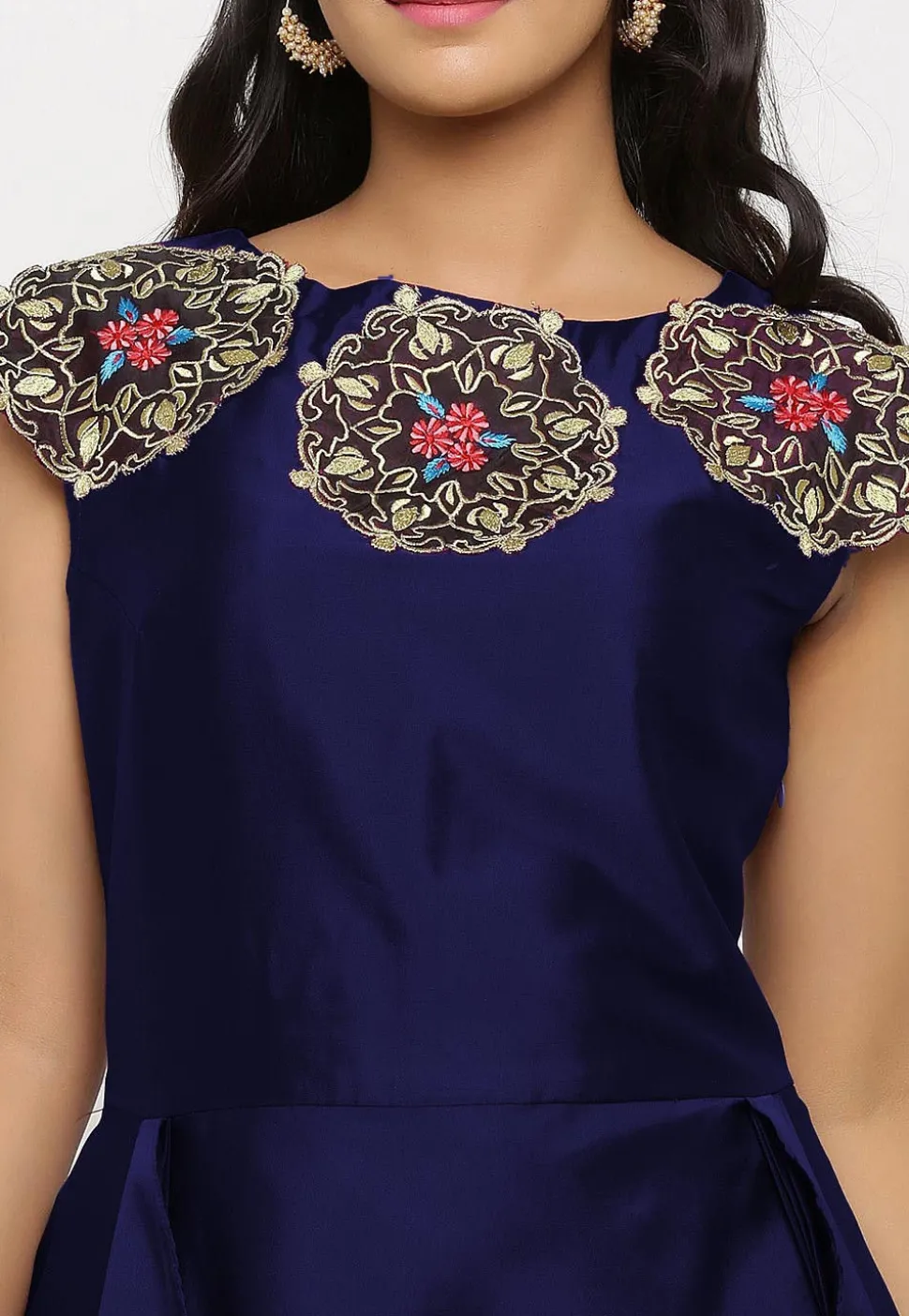 Embroidered Art Silk Cascade Pleated Gown in Navy Blue