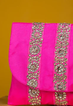 Embroidered Art Silk Clutch Bag in Fuchsia