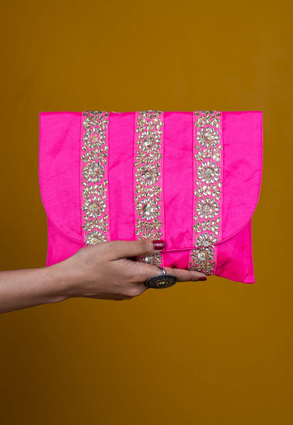 Embroidered Art Silk Clutch Bag in Fuchsia