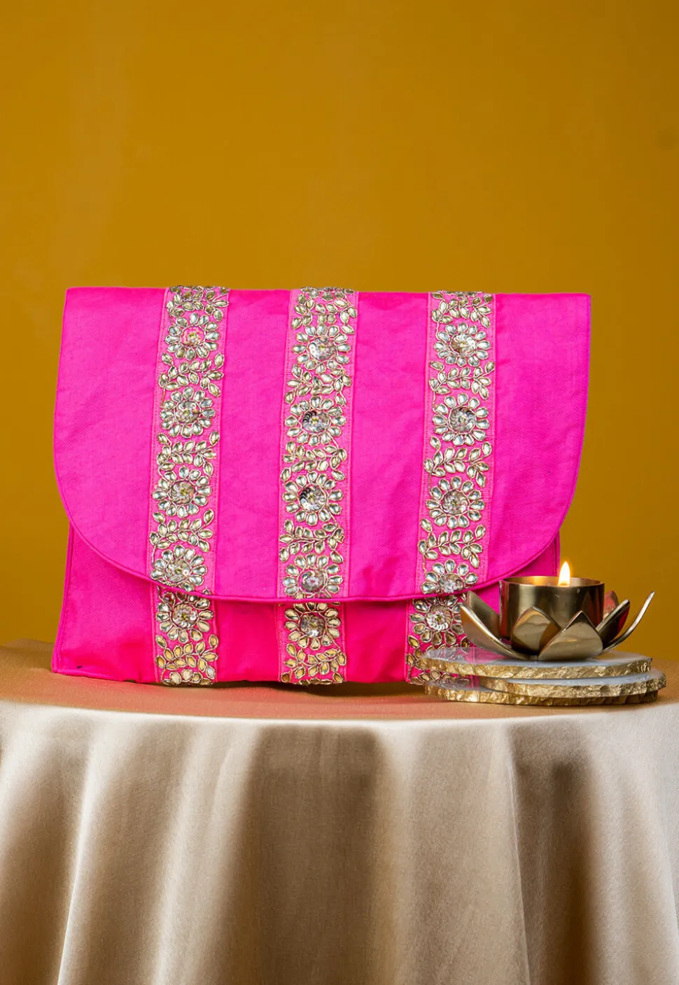 Embroidered Art Silk Clutch Bag in Fuchsia