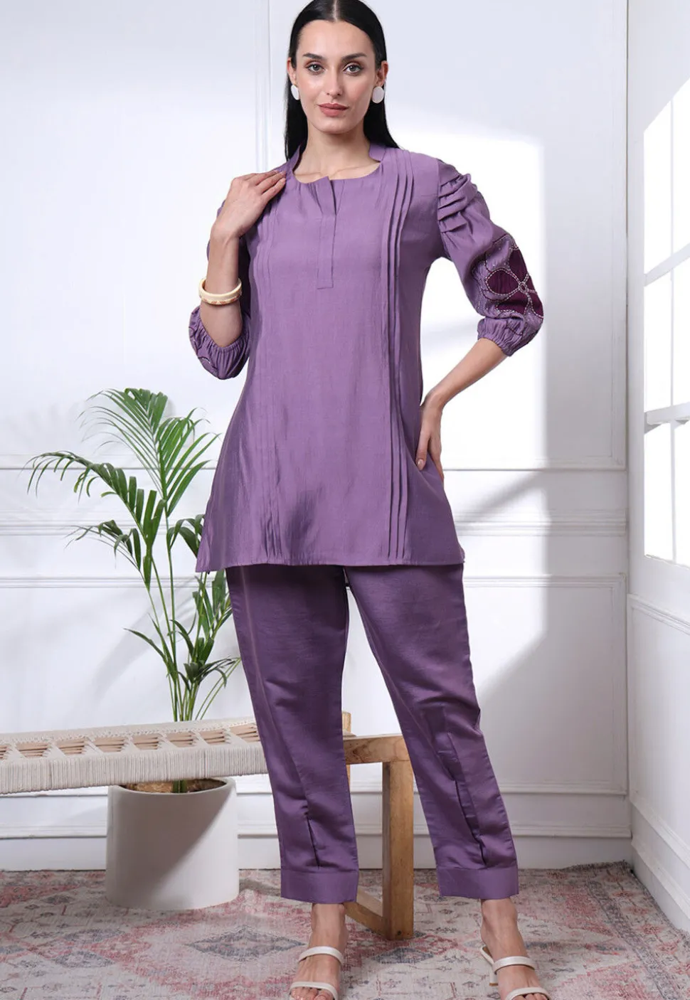 Embroidered Art Silk Co Ord Set in Purple