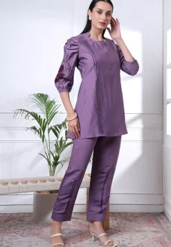 Embroidered Art Silk Co Ord Set in Purple