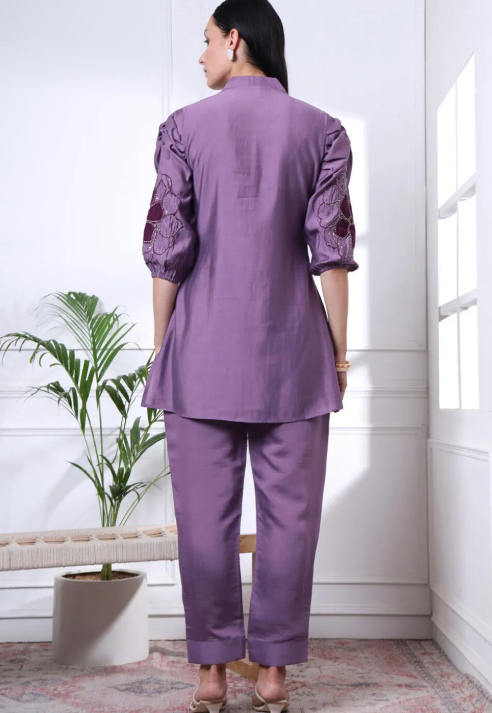 Embroidered Art Silk Co Ord Set in Purple
