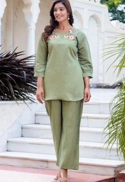 Embroidered Art Silk Co Ord Set in Light Green
