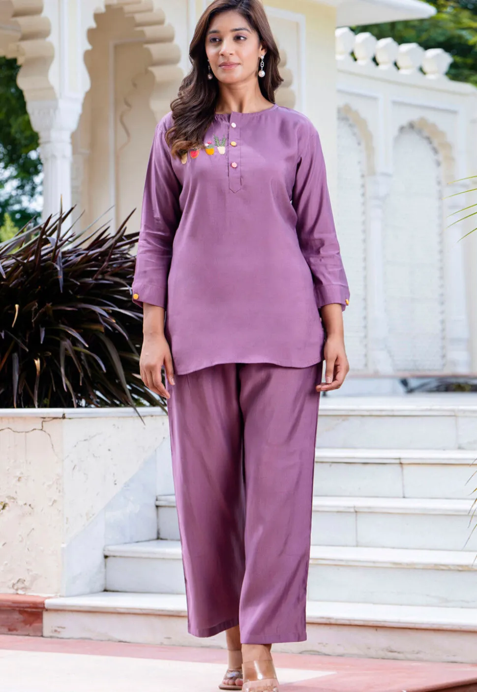 Embroidered Art Silk Co Ord Set in Purple