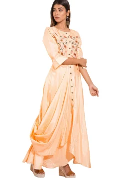 Embroidered Art silk Cowl Style Gown in Light Peach