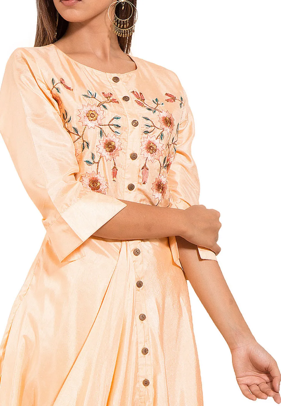 Embroidered Art silk Cowl Style Gown in Light Peach