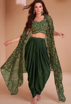 Embroidered Art Silk Crop Top Set with Jacket in Dark Green