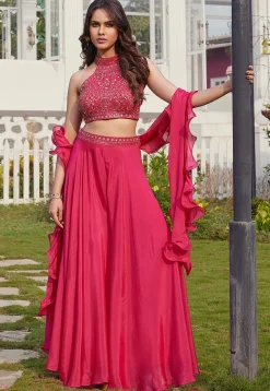 Embroidered Art Silk Crop Top Set in Fuchsia