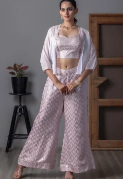 Embroidered Art Silk Crop Top Set in Light Purple