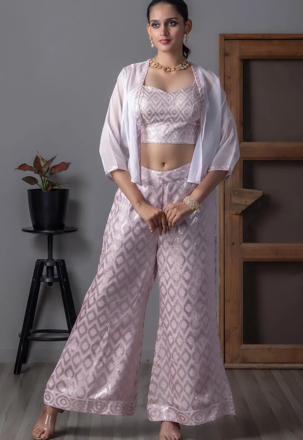 Embroidered Art Silk Crop Top Set in Light Purple