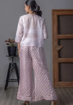 Embroidered Art Silk Crop Top Set in Light Purple
