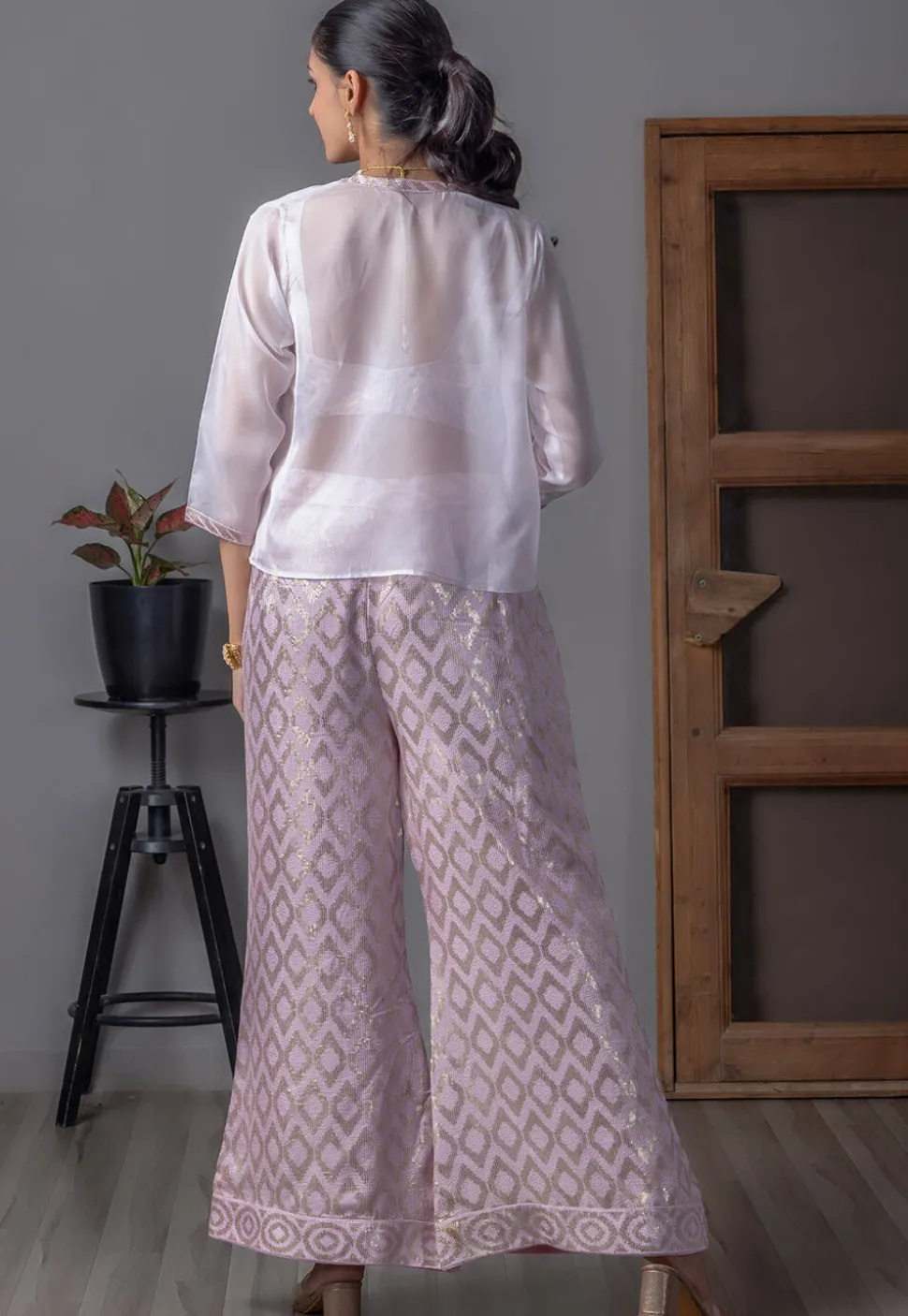 Embroidered Art Silk Crop Top Set in Light Purple