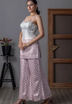 Embroidered Art Silk Crop Top Set in Light Purple