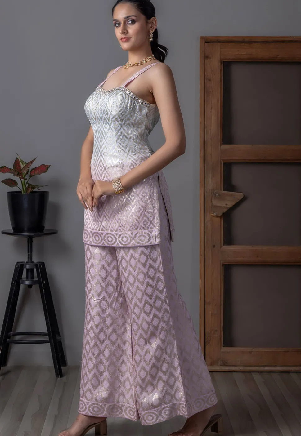 Embroidered Art Silk Crop Top Set in Light Purple