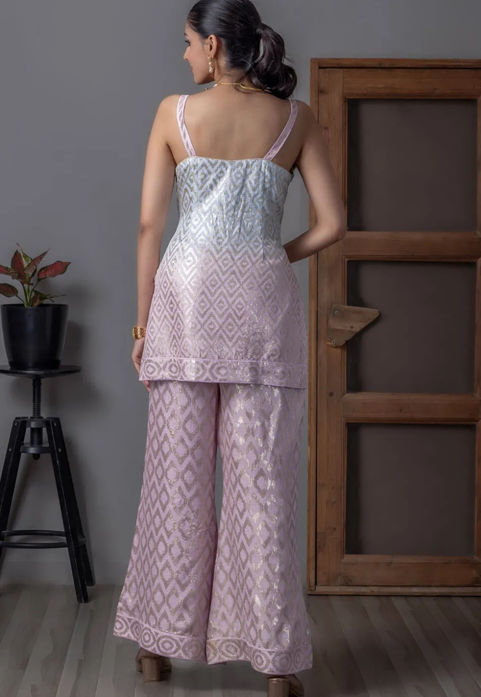 Embroidered Art Silk Crop Top Set in Light Purple