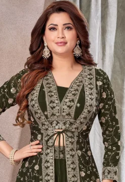 Embroidered Art Silk Crop Top Set in Dark Olive Green