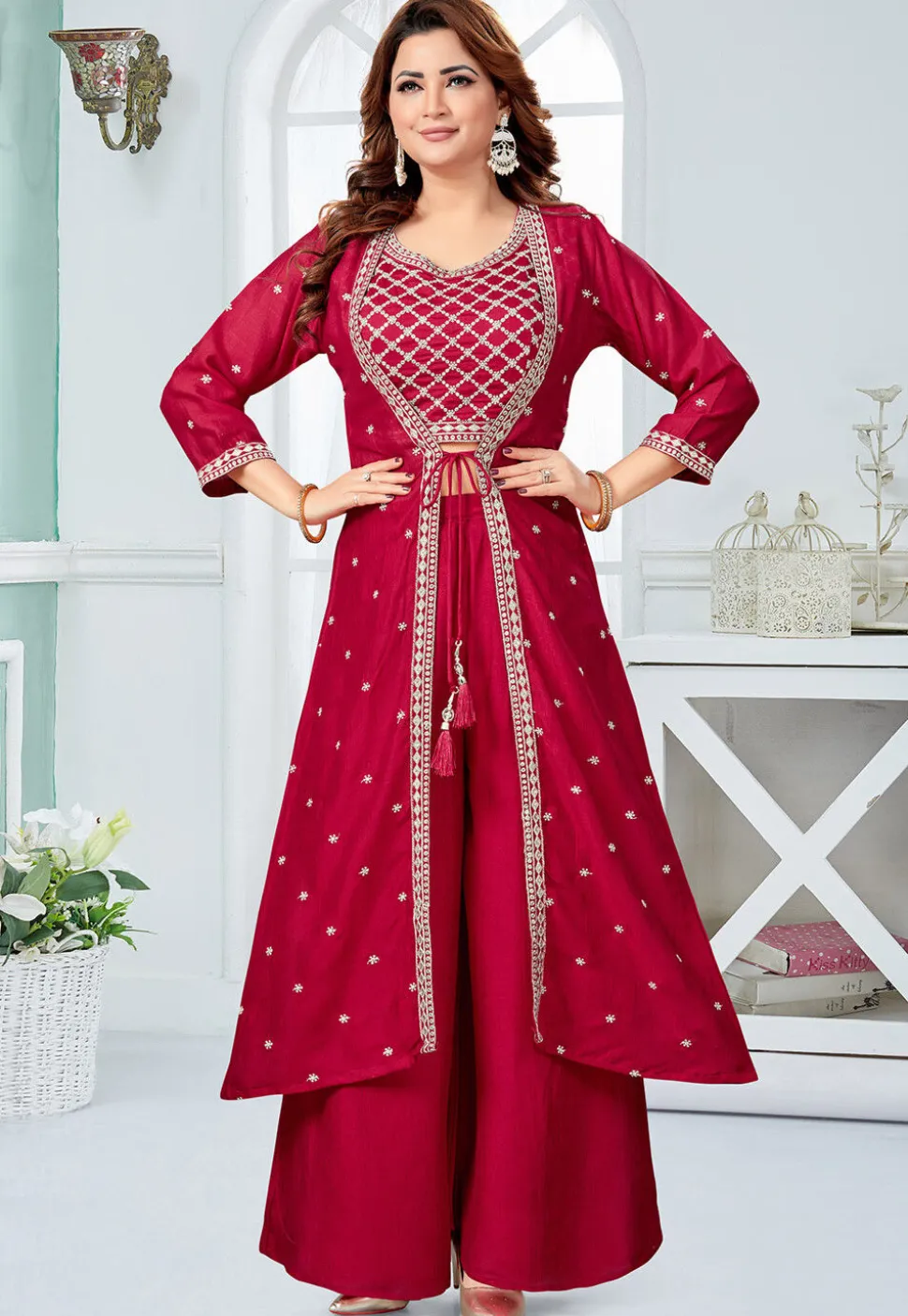Embroidered Art Silk Crop Top Set in Maroon