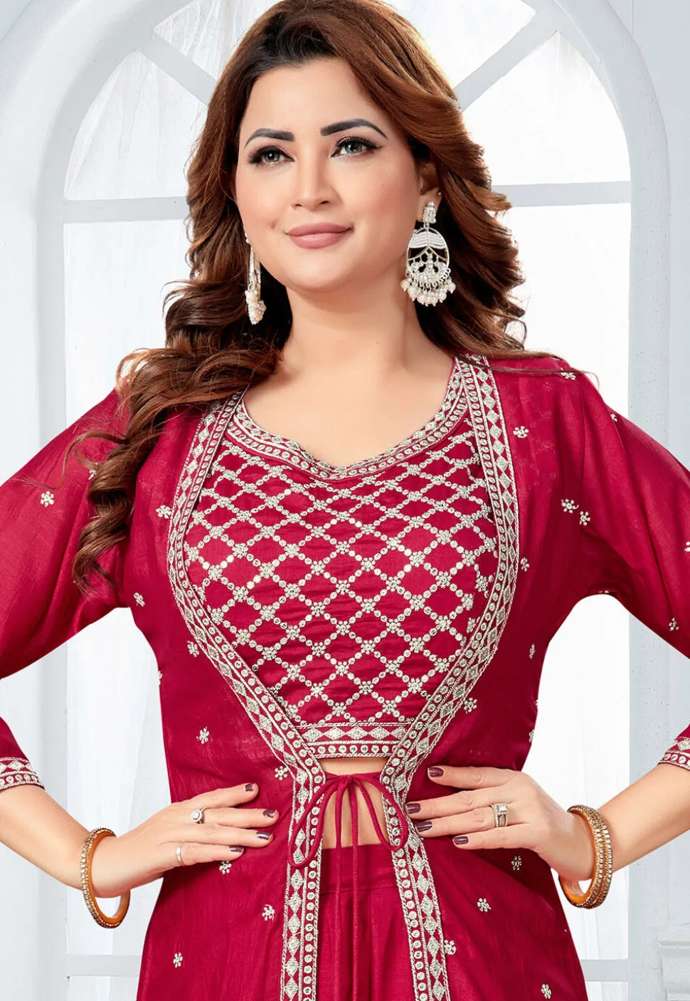 Embroidered Art Silk Crop Top Set in Maroon