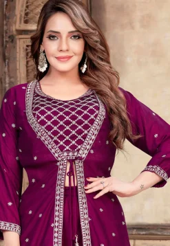 Embroidered Art Silk Crop Top Set in Purple