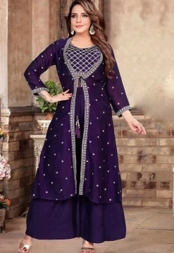 Embroidered Art Silk Crop Top Set in Purple