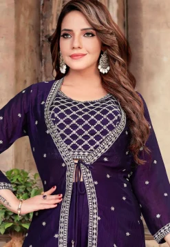 Embroidered Art Silk Crop Top Set in Purple