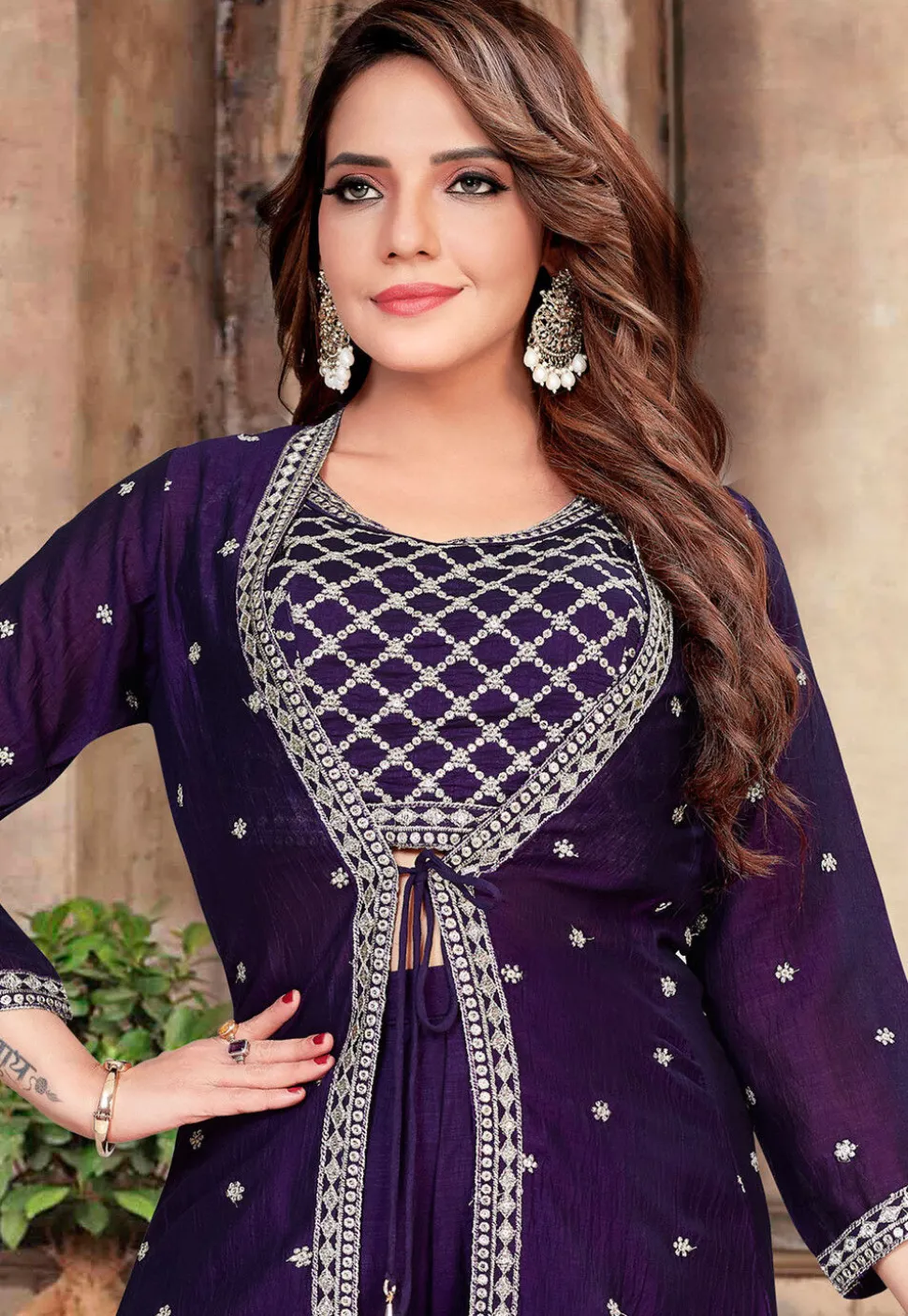 Embroidered Art Silk Crop Top Set in Purple