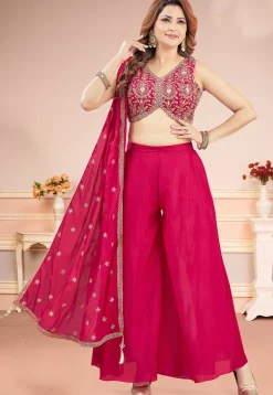 Embroidered Art Silk Crop Top Set in Fuchsia