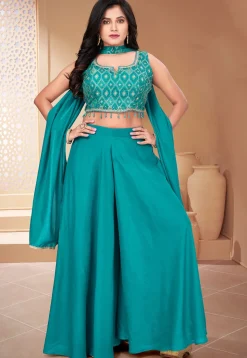 Embroidered Art Silk Crop Top Set in Turquoise