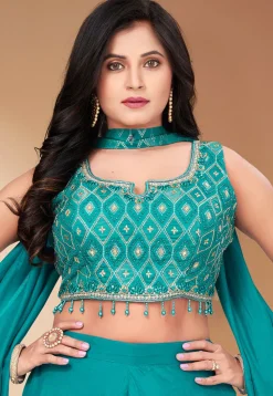 Embroidered Art Silk Crop Top Set in Turquoise
