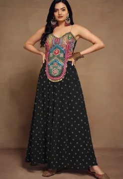 Embroidered Art Silk Crop Top Set in Black
