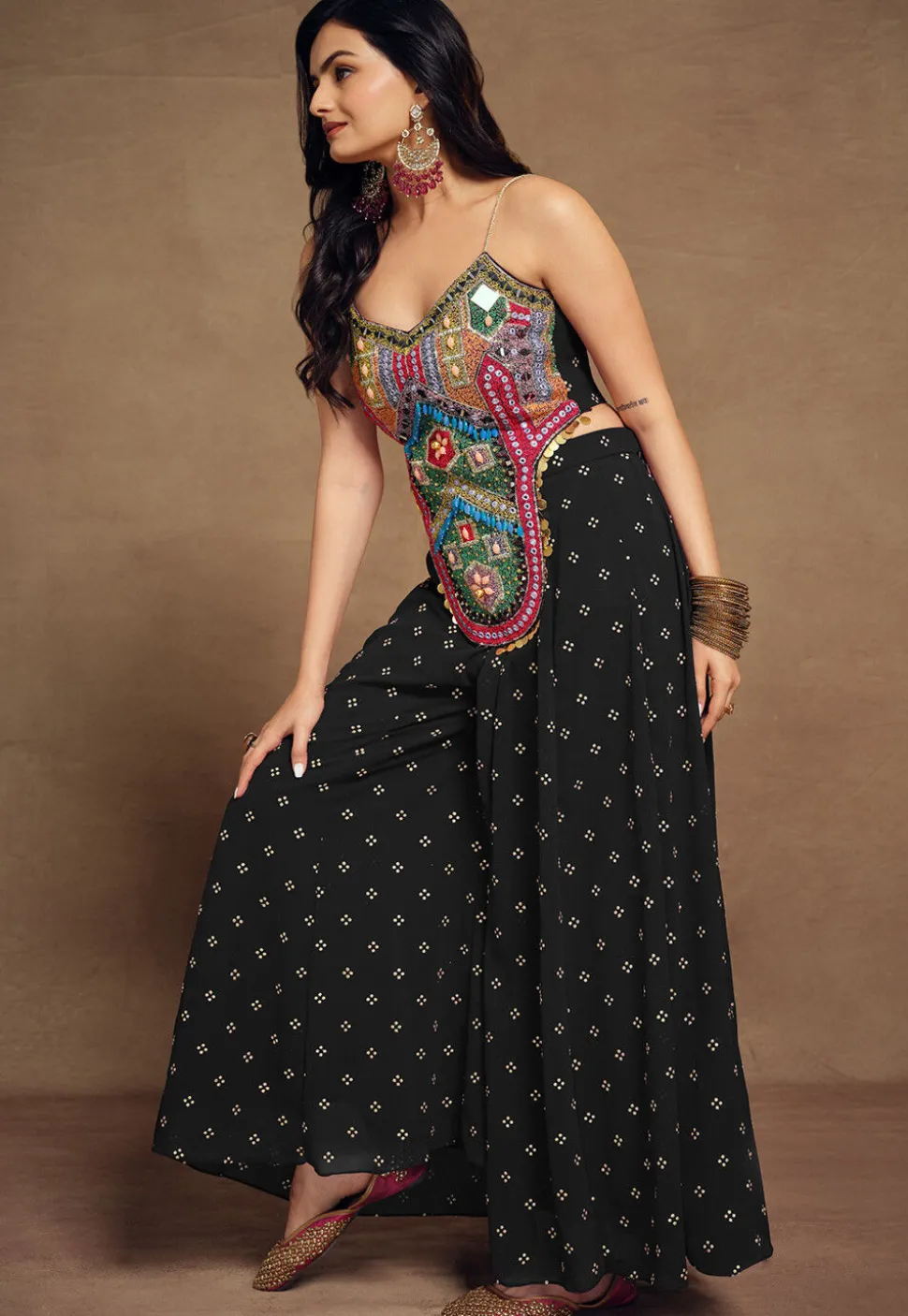 Embroidered Art Silk Crop Top Set in Black