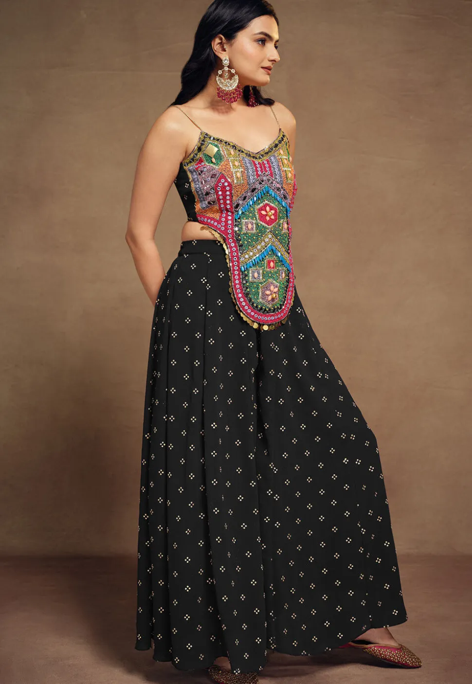 Embroidered Art Silk Crop Top Set in Black
