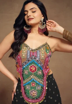Embroidered Art Silk Crop Top Set in Black
