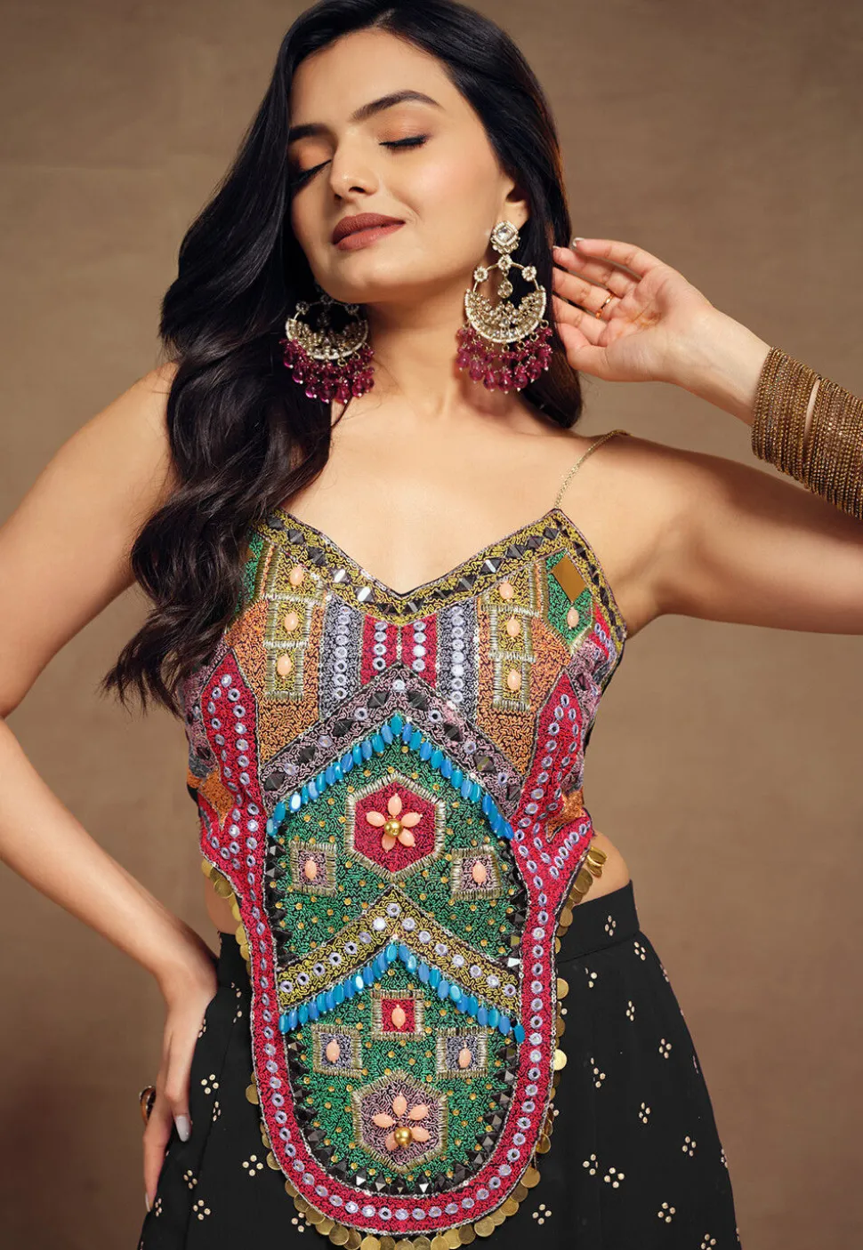 Embroidered Art Silk Crop Top Set in Black